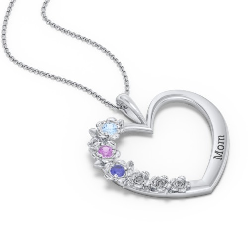 Clustered Rose and Gemstone Heart Pendant – Sterling Silver with Blue Topaz, Amethyst, and Blue Sapphire