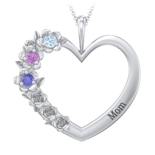 Clustered Rose and Gemstone Heart Pendant – Sterling Silver with Blue Topaz, Amethyst, and Blue Sapphire