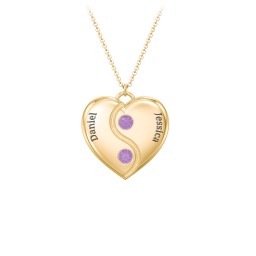 Engraved Yin Yang Heart Pendant with Birthstones in 10K Solid Yellow Gold with Amethyst