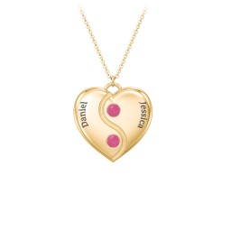 Engraved Yin Yang Heart Pendant with Birthstones in 10K Solid Yellow Gold with Ruby