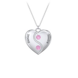 Engraved Yin Yang Heart Pendant with Birthstones in 925 Sterling Silver with Pink Sapphire