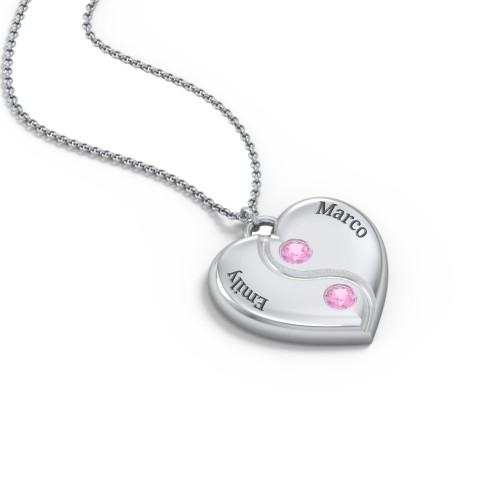 Engraved Yin Yang Heart Pendant with Birthstones – Sterling Silver with Pink Sapphire