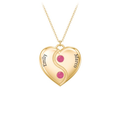 Engraved Yin Yang Heart Pendant with Birthstones – 10K Yellow Gold with Ruby