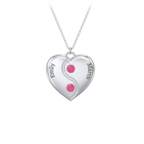Engraved Yin Yang Heart Pendant with Birthstones – Sterling Silver with Ruby