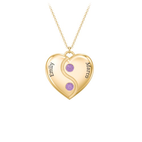 Engraved Yin Yang Heart Pendant with Birthstones – 10K Yellow Gold with Amethyst