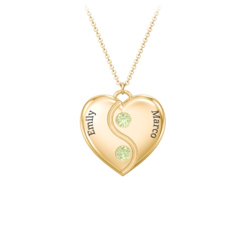 Engraved Yin Yang Heart Pendant with Birthstones – 10K Yellow Gold with Peridot