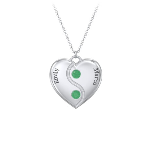 Engraved Yin Yang Heart Pendant with Birthstones – Sterling Silver with Emerald
