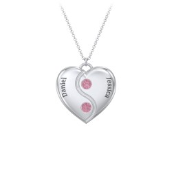 Engraved Yin Yang Heart Pendant with Birthstones in 925 Sterling Silver with Pink Tourmaline
