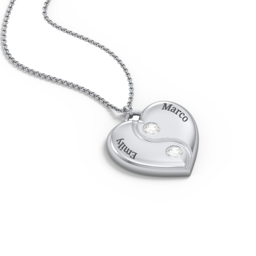 Engraved Yin Yang Heart Pendant with Birthstones – Sterling Silver with Diamond