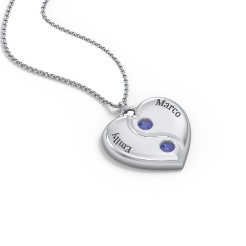 Engraved Yin Yang Heart Pendant with Birthstones – Sterling Silver with Blue Sapphire