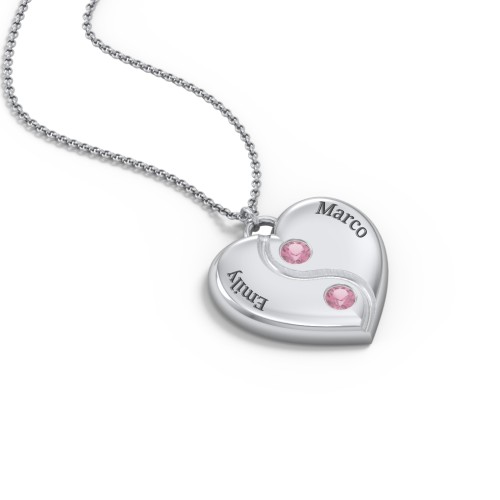 Engraved Yin Yang Heart Pendant with Birthstones – Sterling Silver with Pink Tourmaline