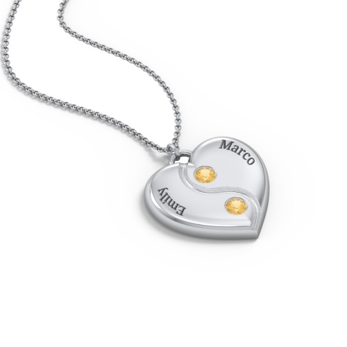 Engraved Yin Yang Heart Pendant with Birthstones – Sterling Silver with Citrine