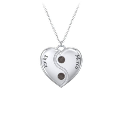 Engraved Yin Yang Heart Pendant with Birthstones – Sterling Silver with Smokey Quartz