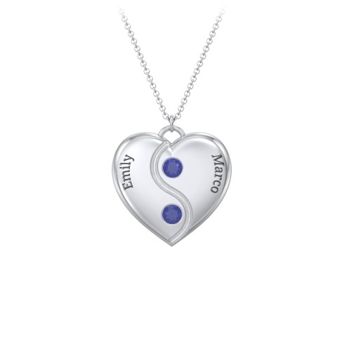 Engraved Yin Yang Heart Pendant with Birthstones – Sterling Silver with Blue Sapphire