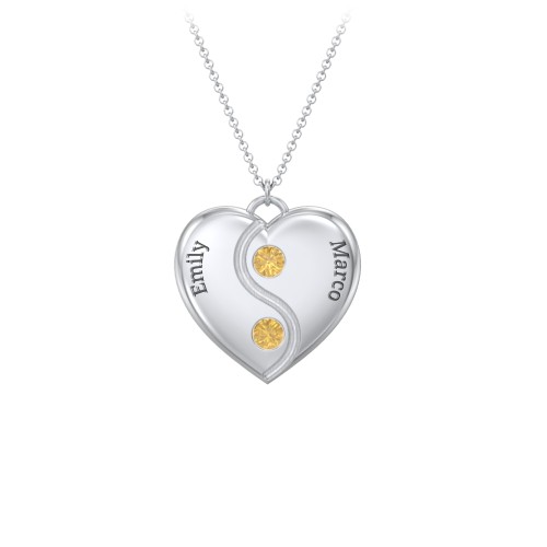 Engraved Yin Yang Heart Pendant with Birthstones – Sterling Silver with Citrine