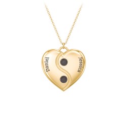 Engraved Yin Yang Heart Pendant with Birthstones in 10K Solid Yellow Gold with Smokey Quartz