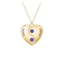 Engraved Yin Yang Heart Pendant with Birthstones in 10K Solid Yellow Gold with Blue Sapphire