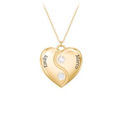 Engraved Yin Yang Heart Pendant with Birthstones in 10K Solid Yellow Gold with Diamond