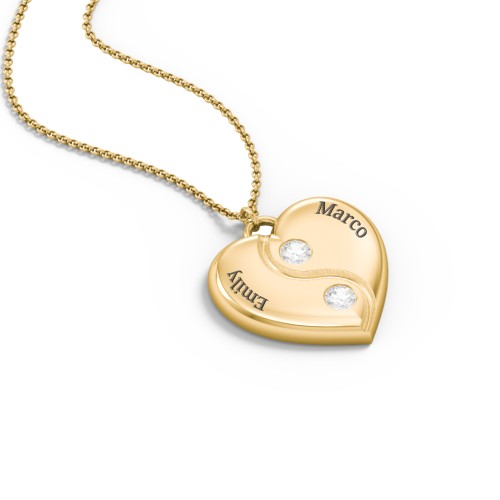 Engraved Yin Yang Heart Pendant with Birthstones – 10K Yellow Gold with Diamond