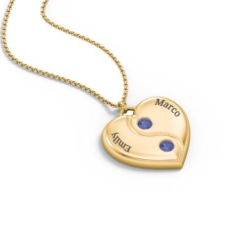 Engraved Yin Yang Heart Pendant with Birthstones – 10K Yellow Gold with Blue Sapphire