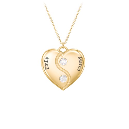 Engraved Yin Yang Heart Pendant with Birthstones – 10K Yellow Gold with Diamond