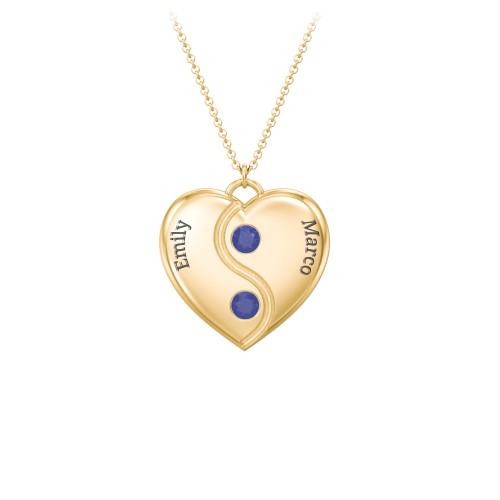 Engraved Yin Yang Heart Pendant with Birthstones – 10K Yellow Gold with Blue Sapphire