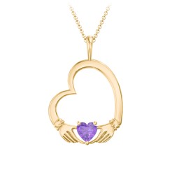 Tilted Heart Claddagh Pendant in 18K Gold Plated Silver with Amethyst