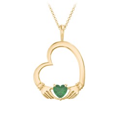 Tilted Heart Claddagh Pendant in 18K Gold Plated Silver with Emerald