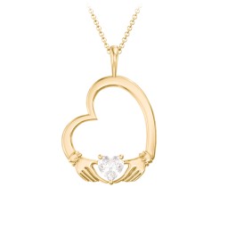 Tilted Heart Claddagh Pendant in 18K Gold Plated Silver with Diamond