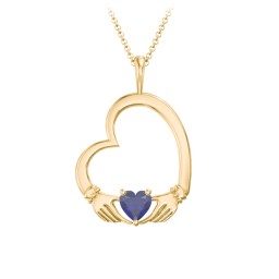 Tilted Heart Claddagh Pendant in 18K Gold Plated Silver with Blue Sapphire