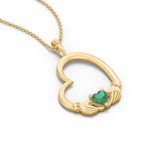 Tilted Heart Claddagh Pendant – 18K Gold Plated Silver with Emerald