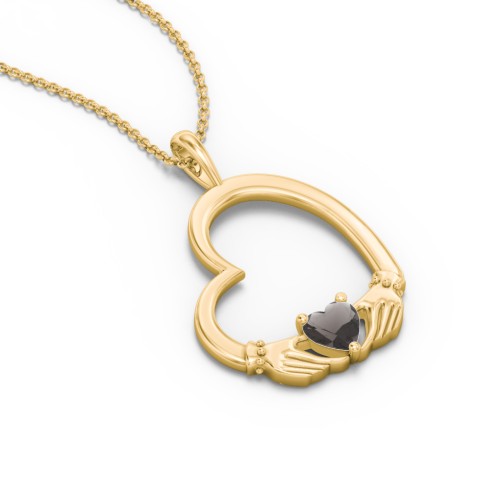 Tilted Heart Claddagh Pendant – 18K Gold Plated Silver with Smokey Quartz