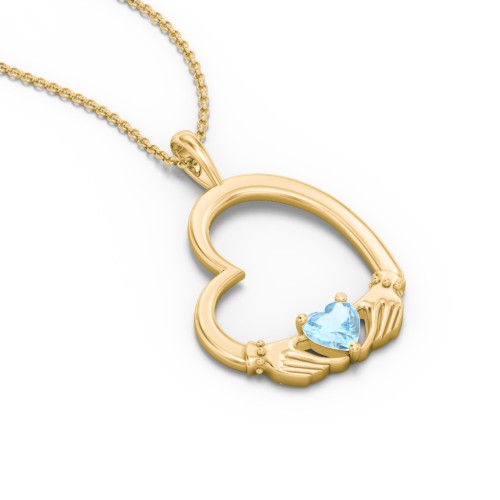 Tilted Heart Claddagh Pendant – 18K Gold Plated Silver with Blue Topaz