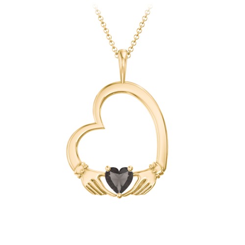 Tilted Heart Claddagh Pendant – 18K Gold Plated Silver with Smokey Quartz
