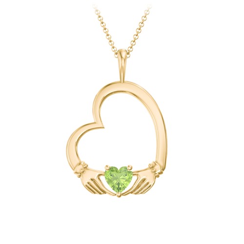 Tilted Heart Claddagh Pendant – 18K Gold Plated Silver with Peridot