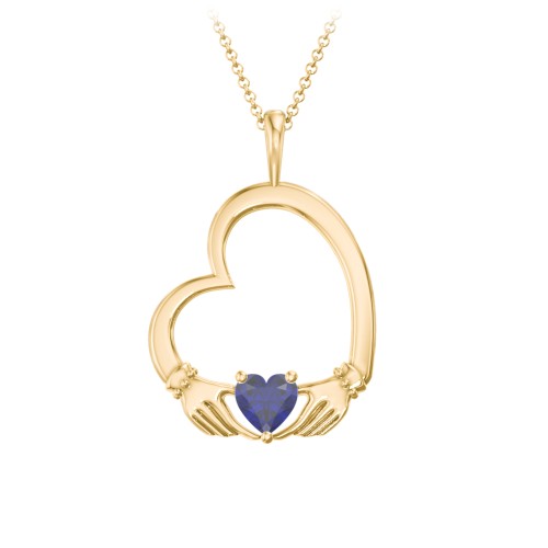 Tilted Heart Claddagh Pendant – 18K Gold Plated Silver with Blue Sapphire