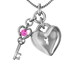 Treasured Heart with Key Pendant in 925 Sterling Silver with Pink Tourmaline