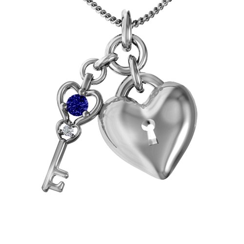 Treasured Heart with Key Pendant – Sterling Silver with Blue Sapphire and Cubic Zirconia