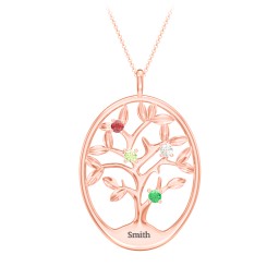 4-15 Stones Oval Family Tree Pendant in 10K Solid Rose Gold with Garnet, Peridot, Cubic Zirconia, Emerald, Citrine, Blue Sapphire, Smokey Quartz, and Ruby
