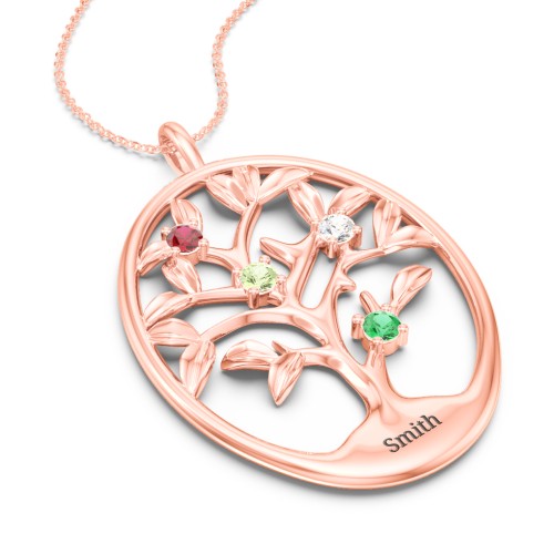 4-15 Stones Oval Family Tree Pendant – 10K Rose Gold with Garnet, Peridot, Cubic Zirconia, and Emerald