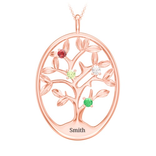 4-15 Stones Oval Family Tree Pendant – 10K Rose Gold with Garnet, Peridot, Cubic Zirconia, and Emerald