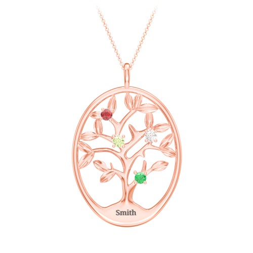 4-15 Stones Oval Family Tree Pendant – 10K Rose Gold with Garnet, Peridot, Cubic Zirconia, and Emerald