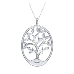 4-15 Stones Oval Family Tree Pendant in 925 Sterling Silver with Cubic Zirconia, Citrine, Peridot, Blue Sapphire, Smokey Quartz, Garnet, and Ruby