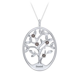 4-15 Stones Oval Family Tree Pendant in 925 Sterling Silver with Smokey Quartz, Citrine, Peridot, Blue Sapphire, Garnet, and Ruby