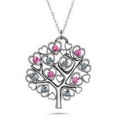 Heart Family Tree Pendant – Sterling Silver with Pink Tourmaline and Cubic Zirconia