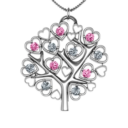 Heart Family Tree Pendant – Sterling Silver with Pink Tourmaline and Cubic Zirconia