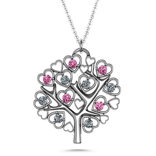 Heart Family Tree Pendant – Sterling Silver with Pink Tourmaline and Cubic Zirconia