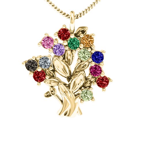 Petite Family Tree Pendant – 10K Yellow Gold with Garnet, Pink Tourmaline, Amethyst, Emerald, Citrine, Peridot, Blue Sapphire, Smokey Quartz, Cubic Zirconia, and Ruby