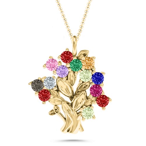 Petite Family Tree Pendant – 10K Yellow Gold with Garnet, Pink Tourmaline, Amethyst, Emerald, Citrine, Peridot, Blue Sapphire, Smokey Quartz, Cubic Zirconia, and Ruby