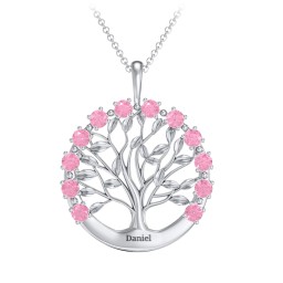 Circle of Life Family Tree Pendant in 925 Sterling Silver with Pink Tourmaline